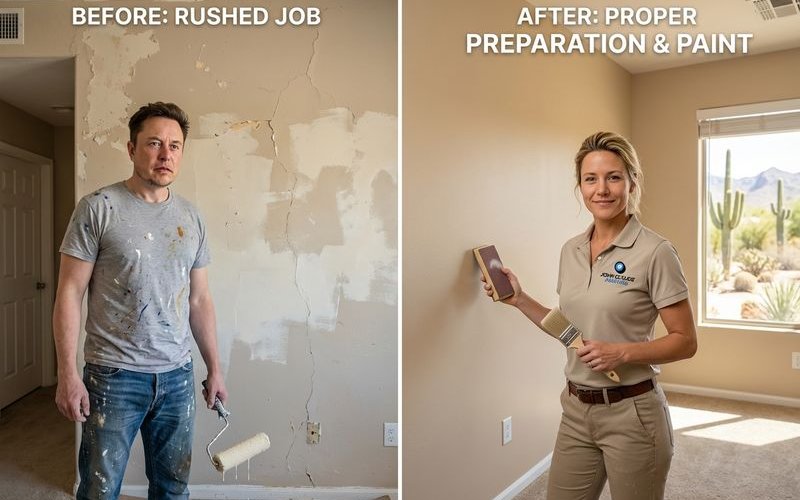 Before and after showing wall with proper preparation versus rushed paint job results