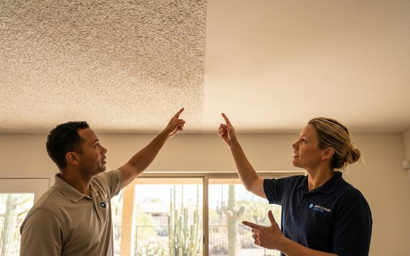 Close-up comparison of popcorn texture versus smooth ceiling showing dramatic difference