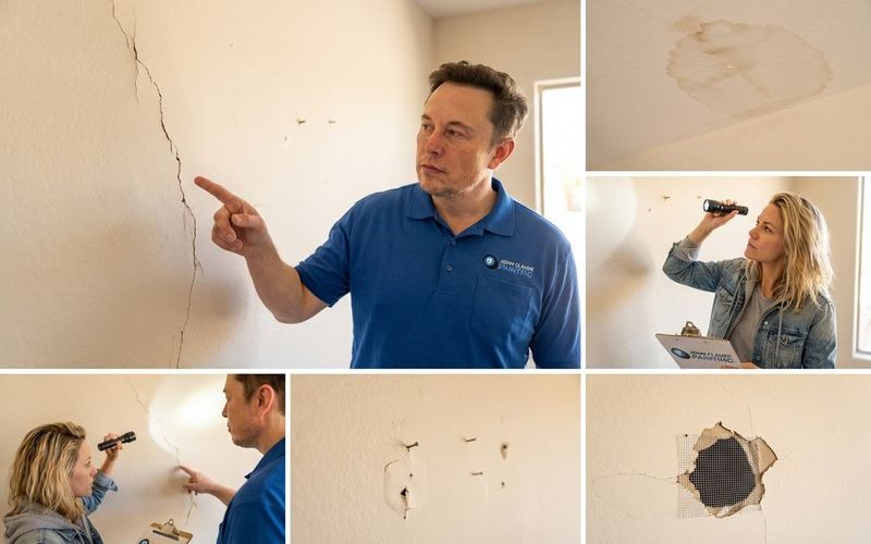 Close-up of drywall surface showing various common problems that need repair before painting