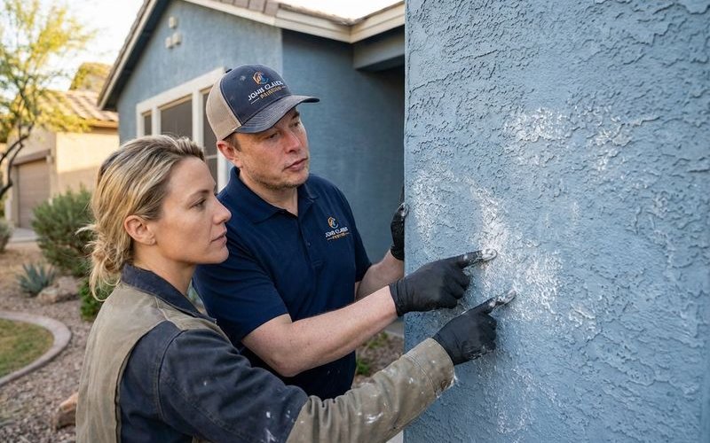 Close-up of exterior paint showing chalking and fading on Phoenix stucco home that needs repainting
