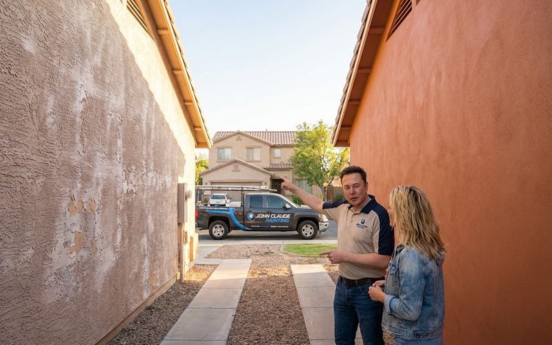 Comparison of faded west-facing wall versus protected north-facing wall on same Phoenix home