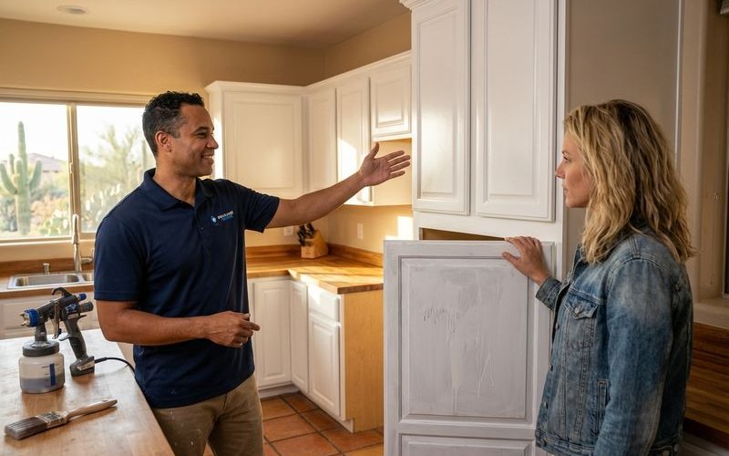 Comparison of professional spray finish versus DIY brush painted cabinets showing quality difference