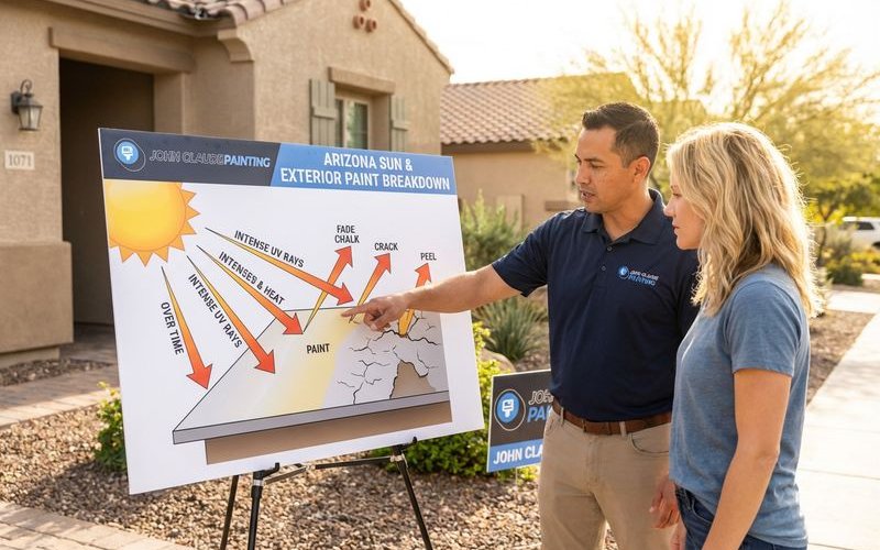 Diagram showing how Arizona sun UV rays and heat affect exterior paint causing breakdown