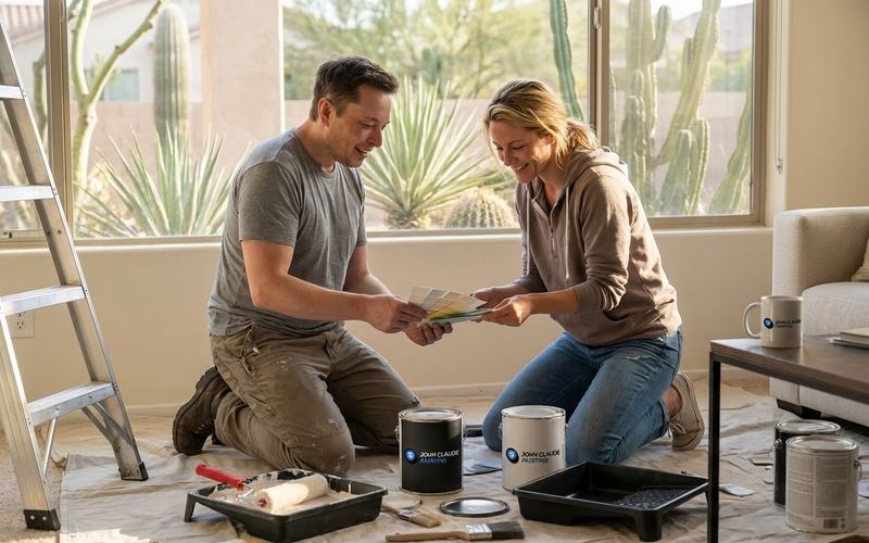 Homeowner preparing for DIY painting project with supplies organized in Phoenix home interior