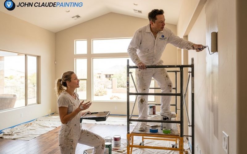 Interior painting project in Phoenix home showing high vaulted ceilings being painted with professional scaffolding