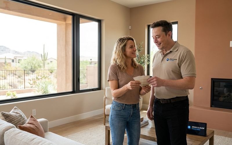 Modern Phoenix living room painted in sophisticated warm neutral tones with desert landscape visible through windows