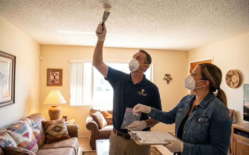 Professional collecting sample for asbestos testing from popcorn ceiling