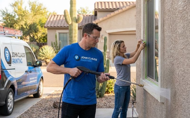 Professional painter carefully preparing Phoenix home exterior with power washing and repair work