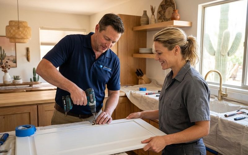 Professional reinstalling freshly painted cabinet doors in Phoenix kitchen