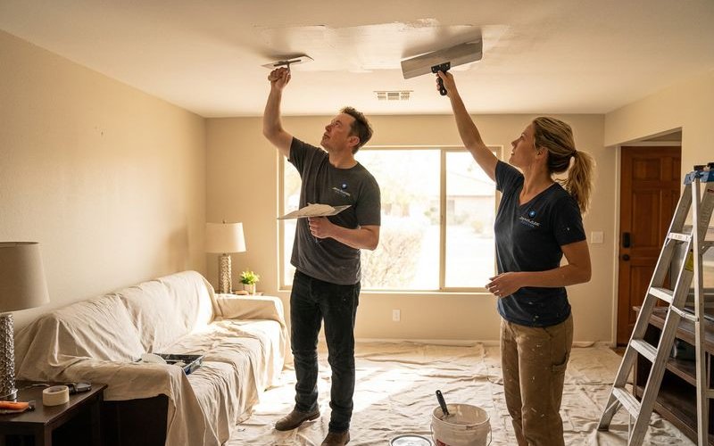 Professional skim coating ceiling after popcorn removal to create smooth finish