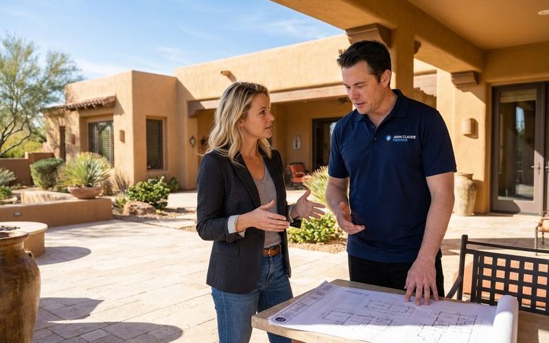 Property manager meeting with commercial painting contractor discussing large project scope