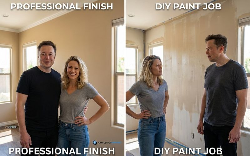 Side by side comparison of professional paint finish versus DIY paint job showing quality difference