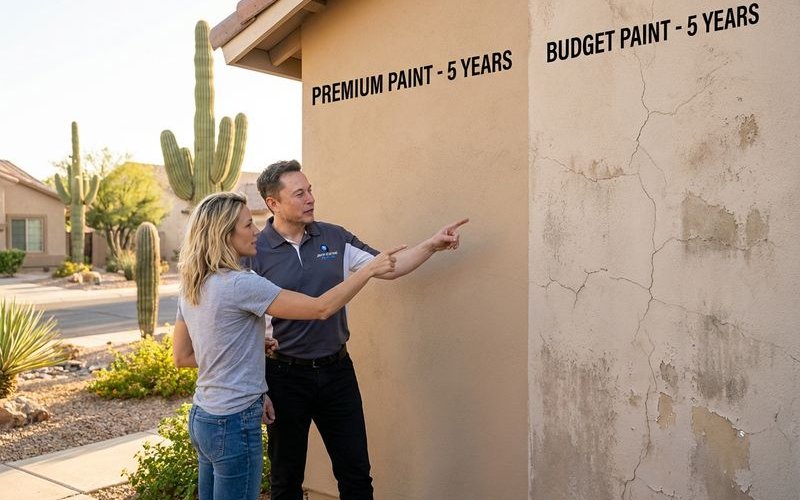 Side by side comparison of premium versus budget paint after five years on Phoenix stucco home