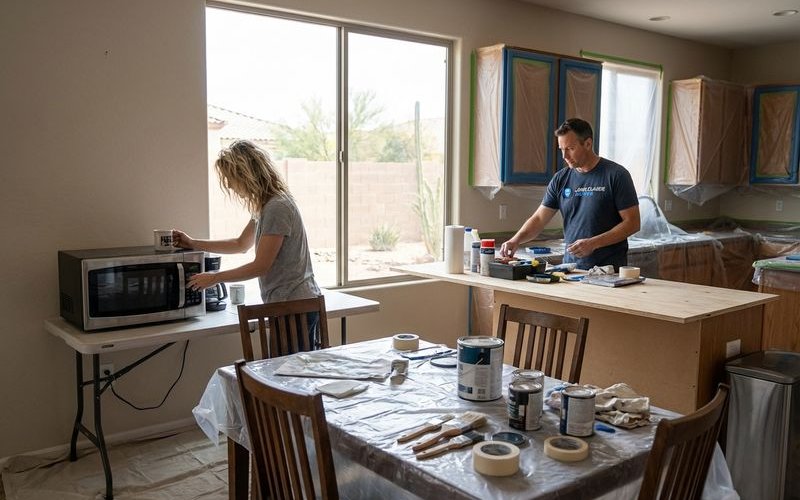 Temporary kitchen setup in dining room during cabinet painting project with microwave and supplies