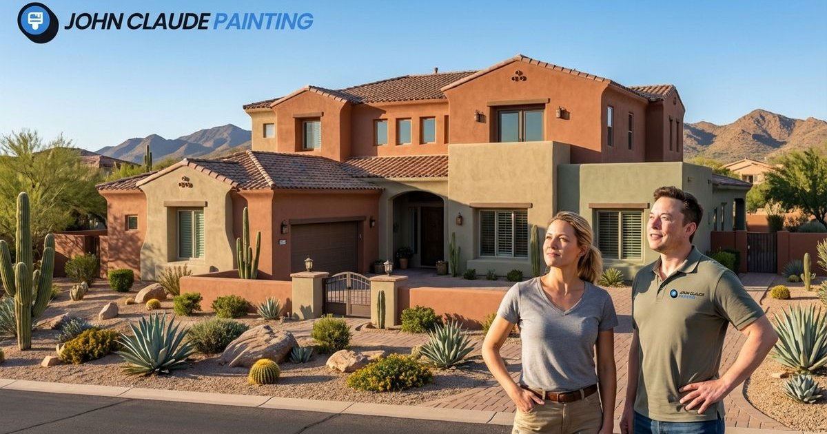 Beautiful Arizona stucco home painted in desert-inspired warm earth tones against desert landscape