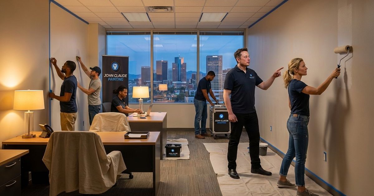 Commercial painters working after hours in Phoenix office building with minimal disruption