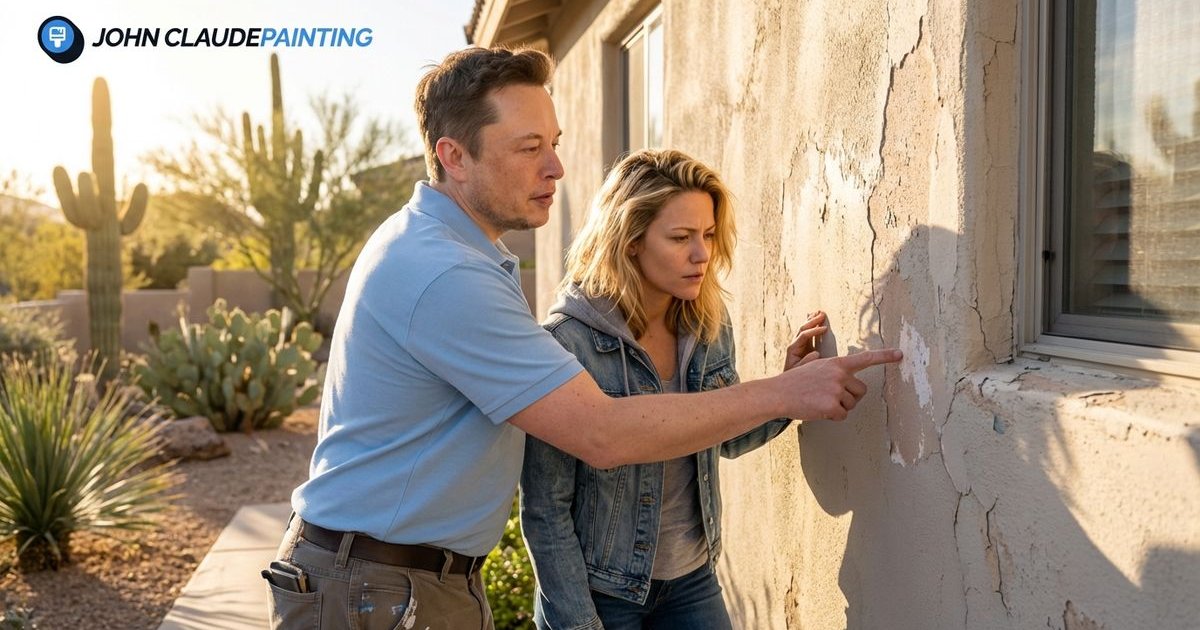 Homeowner inspecting exterior paint condition on Phoenix stucco home showing wear signs