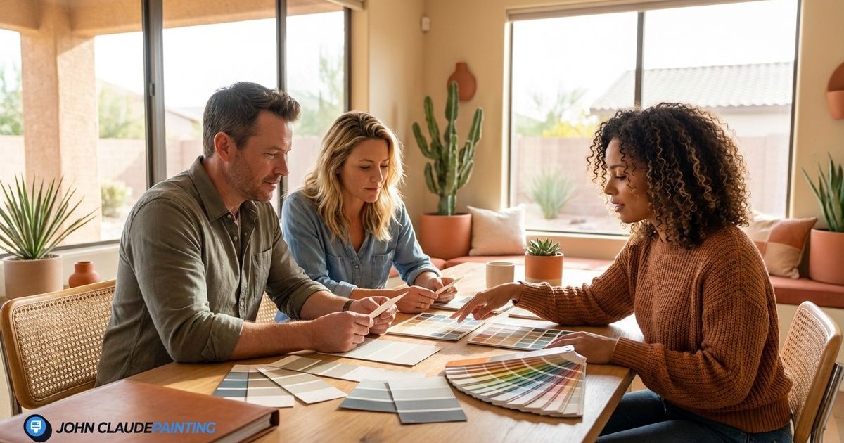 Interior designer choosing paint colors with Phoenix homeowner using paint swatches in natural light