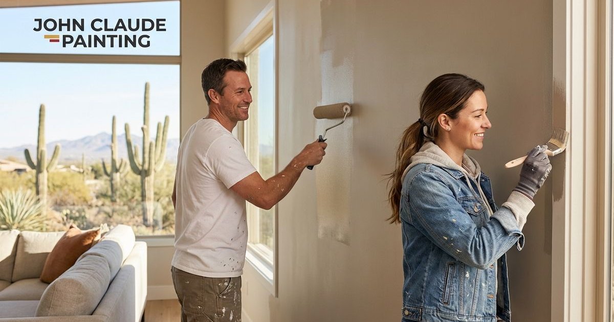 Professional painter applying interior paint to a Phoenix home living room